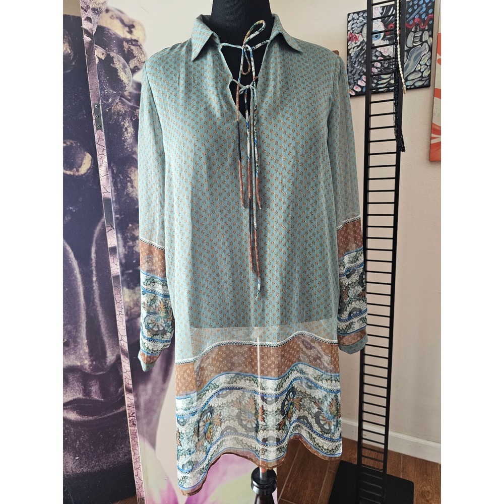Mango Suit Sheer Tunic Shirt Dress Boho Floral Paisley Print Size 10 US